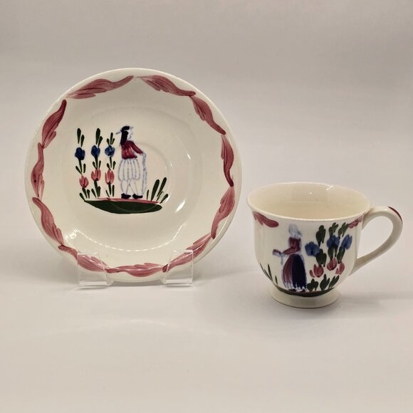 PV France Breton Woman Demitasse Cup and Saucer Quimper Handpainted - CHIPPED - Picture 9 of 9
